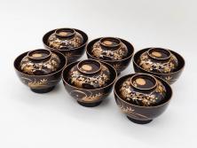 明治～大正期　輪島塗　沈金蒔絵　木製　菊梅菖蒲図　華やかな図柄が魅力の蓋付お椀6客セット(漆器、漆芸、金彩、和食器)(R-077233)