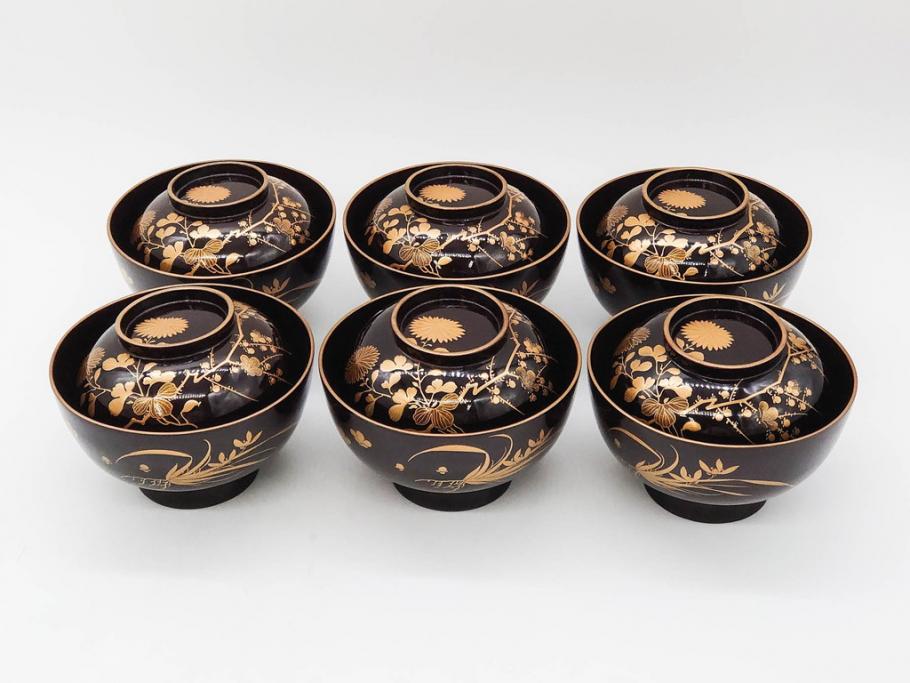 明治～大正期 輪島塗 沈金蒔絵 木製 菊梅菖蒲図 華やかな図柄が