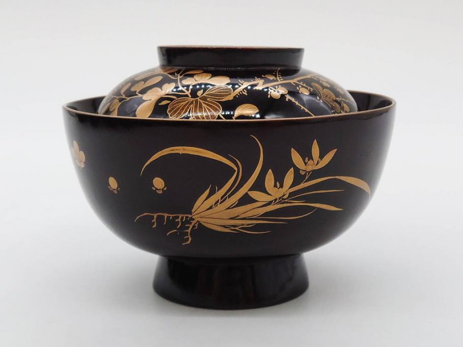 明治～大正期　輪島塗　沈金蒔絵　木製　菊梅菖蒲図　華やかな図柄が魅力の蓋付お椀6客セット(漆器、漆芸、金彩、和食器)(R-077233)