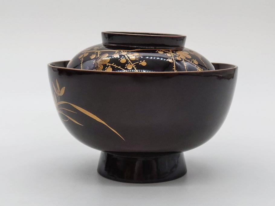 明治～大正期 輪島塗 沈金蒔絵 木製 菊梅菖蒲図 華やかな図柄が