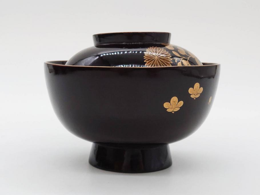 明治～大正期　輪島塗　沈金蒔絵　木製　菊梅菖蒲図　華やかな図柄が魅力の蓋付お椀6客セット(漆器、漆芸、金彩、和食器)(R-077233)