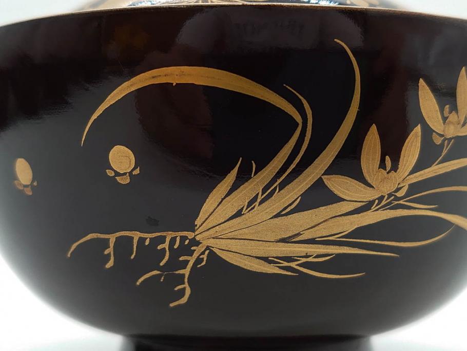 明治～大正期　輪島塗　沈金蒔絵　木製　菊梅菖蒲図　華やかな図柄が魅力の蓋付お椀6客セット(漆器、漆芸、金彩、和食器)(R-077233)