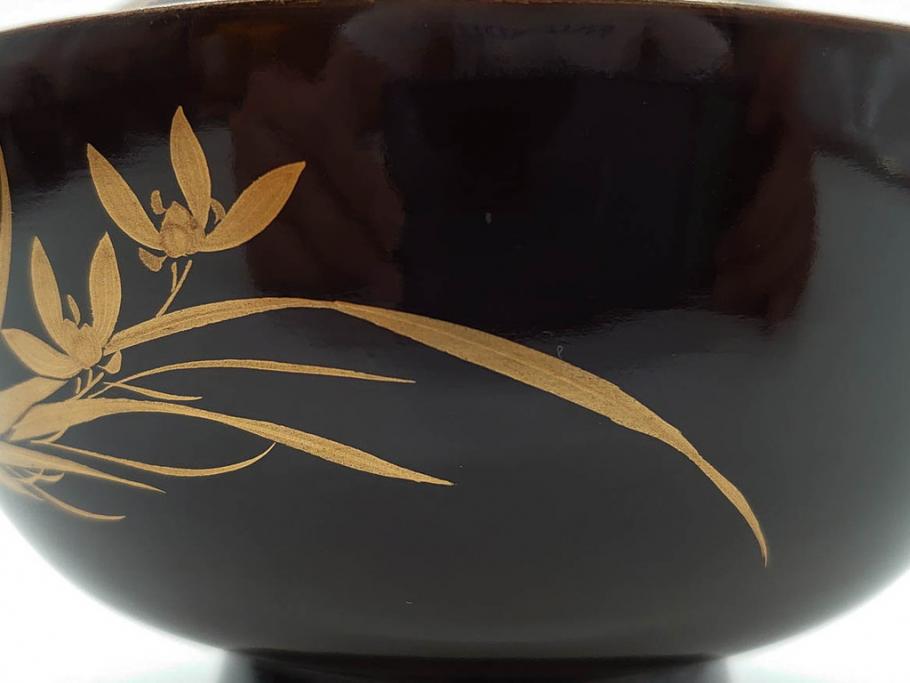 明治～大正期　輪島塗　沈金蒔絵　木製　菊梅菖蒲図　華やかな図柄が魅力の蓋付お椀6客セット(漆器、漆芸、金彩、和食器)(R-077233)