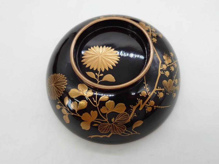 明治～大正期　輪島塗　沈金蒔絵　木製　菊梅菖蒲図　華やかな図柄が魅力の蓋付お椀6客セット(漆器、漆芸、金彩、和食器)(R-077233)