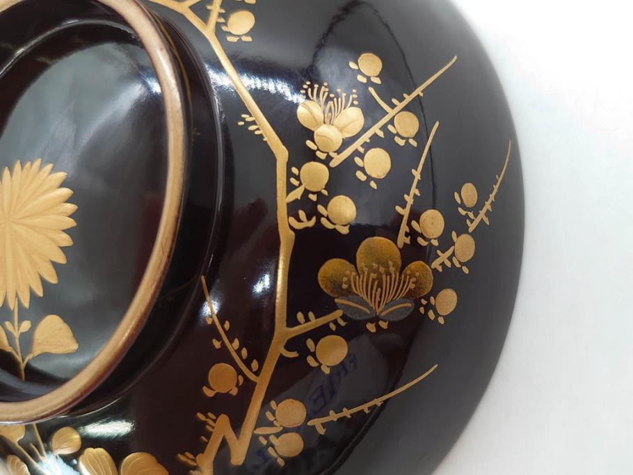 明治～大正期　輪島塗　沈金蒔絵　木製　菊梅菖蒲図　華やかな図柄が魅力の蓋付お椀6客セット(漆器、漆芸、金彩、和食器)(R-077233)