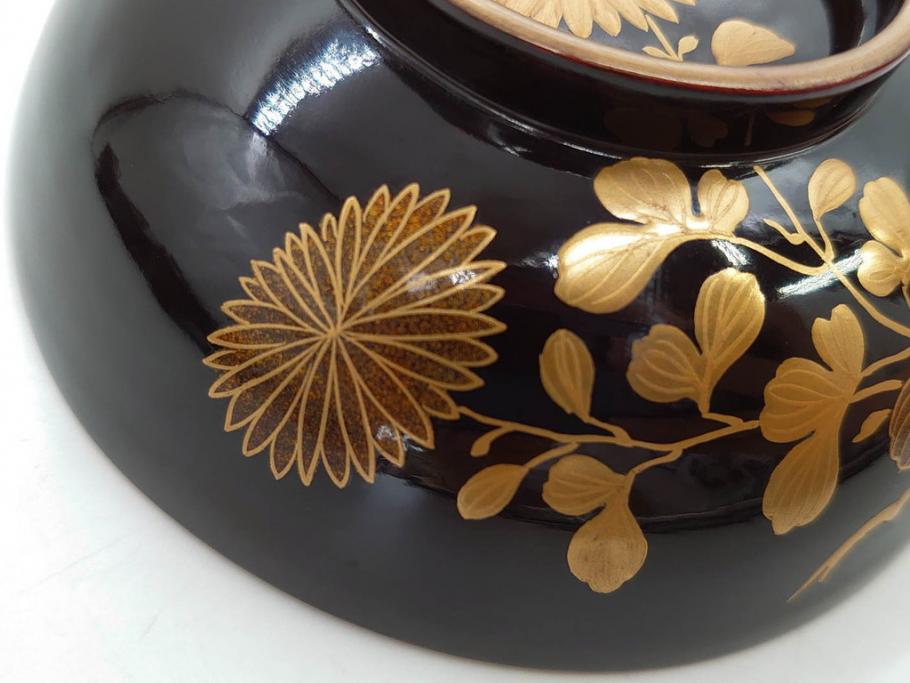 明治～大正期　輪島塗　沈金蒔絵　木製　菊梅菖蒲図　華やかな図柄が魅力の蓋付お椀6客セット(漆器、漆芸、金彩、和食器)(R-077233)