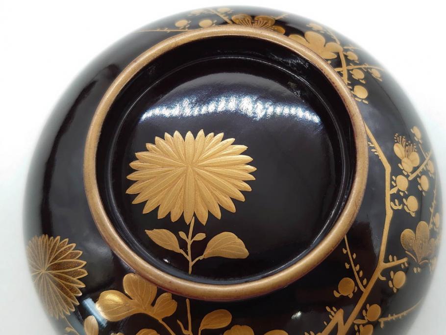 明治～大正期　輪島塗　沈金蒔絵　木製　菊梅菖蒲図　華やかな図柄が魅力の蓋付お椀6客セット(漆器、漆芸、金彩、和食器)(R-077233)