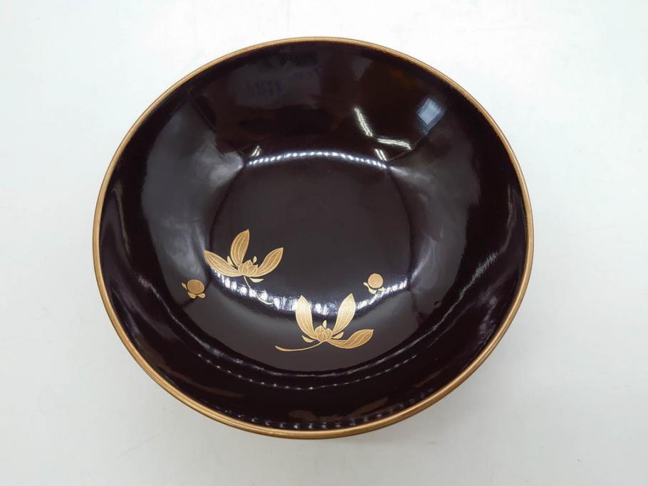 明治～大正期　輪島塗　沈金蒔絵　木製　菊梅菖蒲図　華やかな図柄が魅力の蓋付お椀6客セット(漆器、漆芸、金彩、和食器)(R-077233)