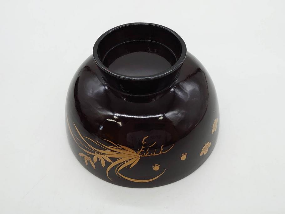明治～大正期　輪島塗　沈金蒔絵　木製　菊梅菖蒲図　華やかな図柄が魅力の蓋付お椀6客セット(漆器、漆芸、金彩、和食器)(R-077233)