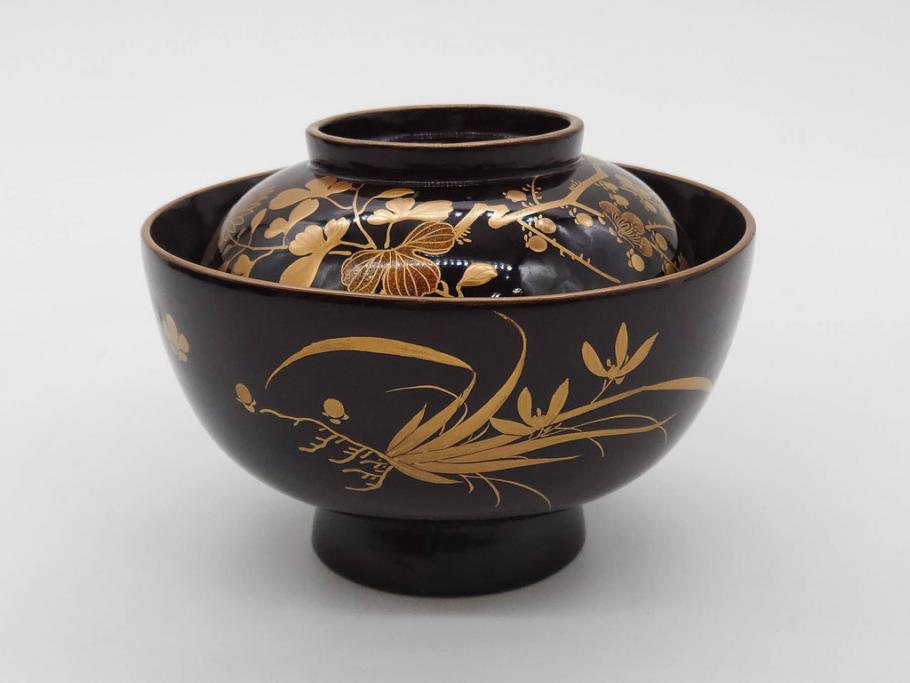 明治～大正期　輪島塗　沈金蒔絵　木製　菊梅菖蒲図　華やかな図柄が魅力の蓋付お椀6客セット(漆器、漆芸、金彩、和食器)(R-077233)