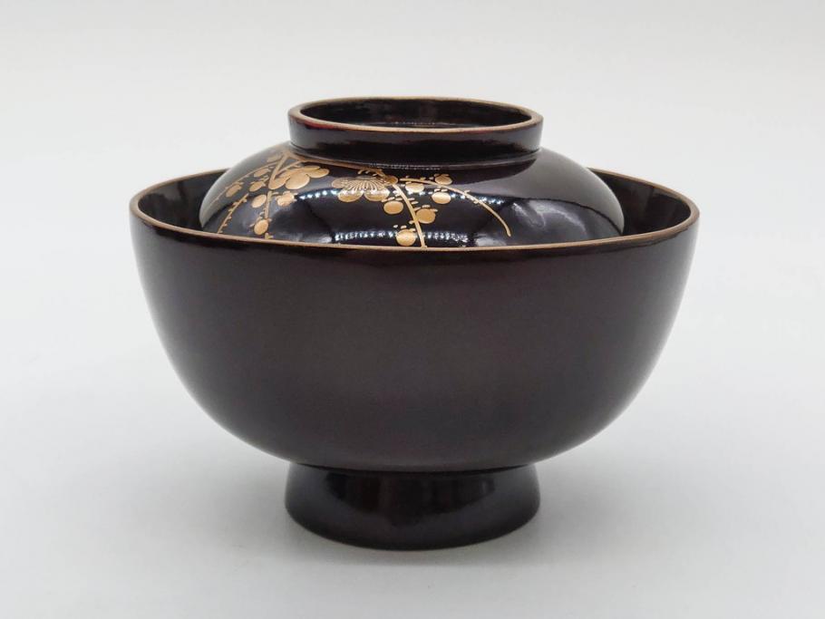 明治～大正期　輪島塗　沈金蒔絵　木製　菊梅菖蒲図　華やかな図柄が魅力の蓋付お椀6客セット(漆器、漆芸、金彩、和食器)(R-077233)