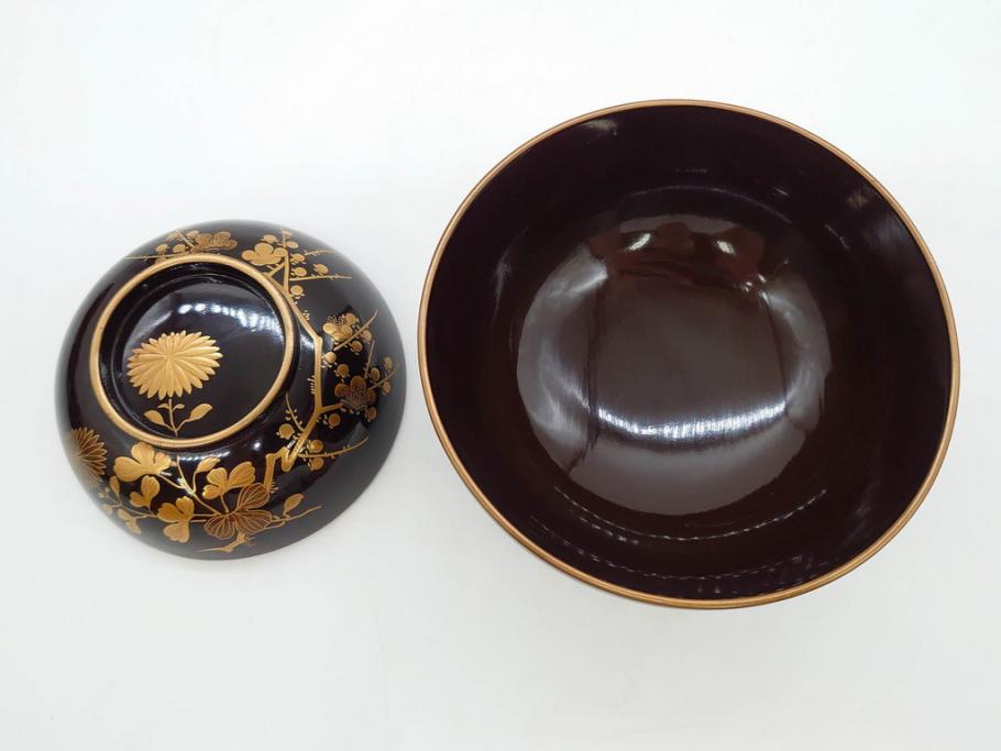 明治～大正期　輪島塗　沈金蒔絵　木製　菊梅菖蒲図　華やかな図柄が魅力の蓋付お椀6客セット(漆器、漆芸、金彩、和食器)(R-077233)