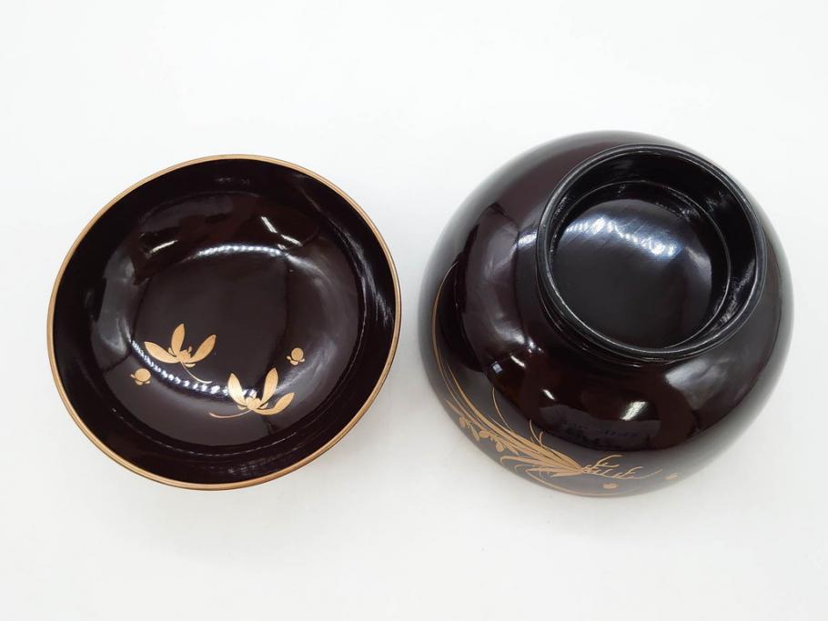 明治～大正期　輪島塗　沈金蒔絵　木製　菊梅菖蒲図　華やかな図柄が魅力の蓋付お椀6客セット(漆器、漆芸、金彩、和食器)(R-077233)
