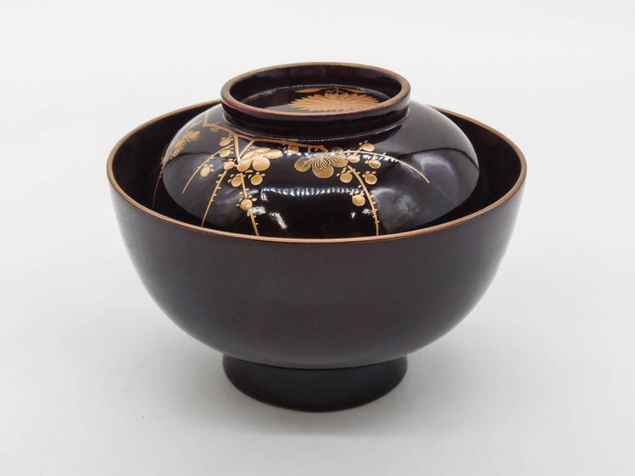 明治～大正期　輪島塗　沈金蒔絵　木製　菊梅菖蒲図　華やかな図柄が魅力の蓋付お椀6客セット(漆器、漆芸、金彩、和食器)(R-077233)