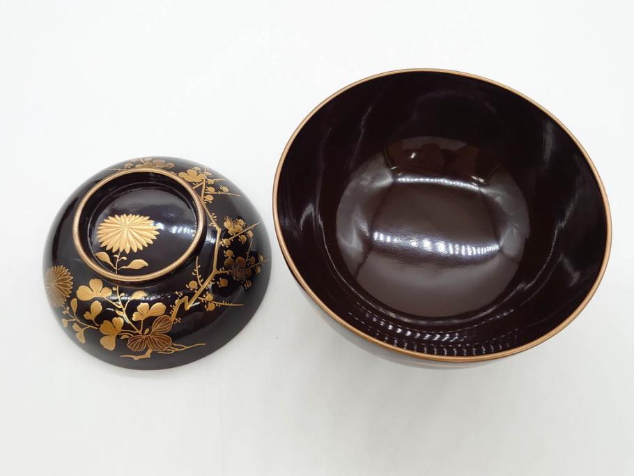 明治～大正期　輪島塗　沈金蒔絵　木製　菊梅菖蒲図　華やかな図柄が魅力の蓋付お椀6客セット(漆器、漆芸、金彩、和食器)(R-077233)