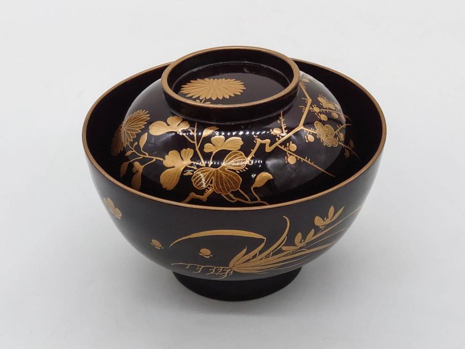 明治～大正期 輪島塗 沈金蒔絵 木製 菊梅菖蒲図 華やかな図柄が