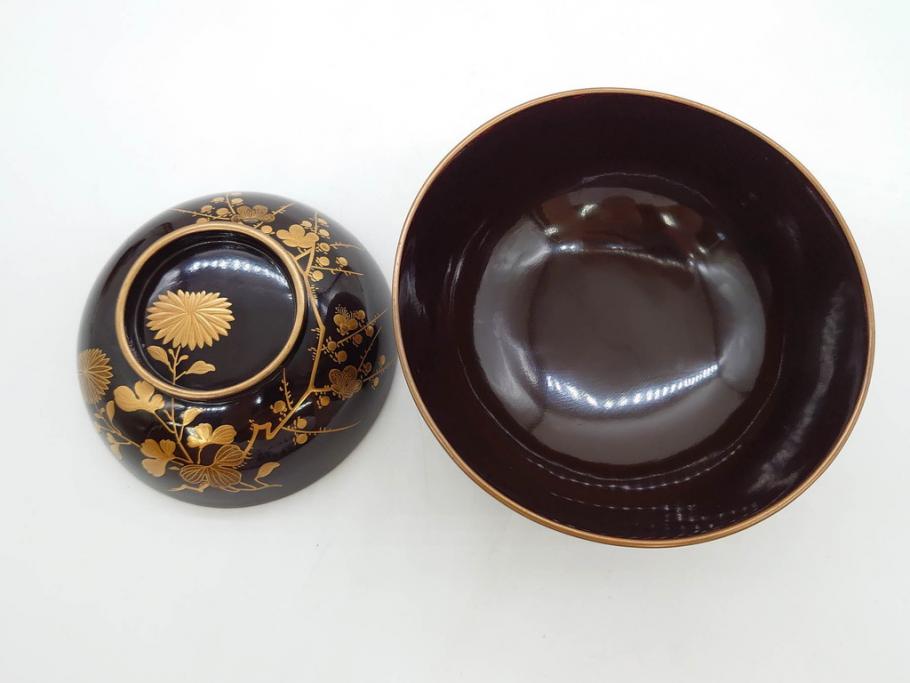明治～大正期　輪島塗　沈金蒔絵　木製　菊梅菖蒲図　華やかな図柄が魅力の蓋付お椀6客セット(漆器、漆芸、金彩、和食器)(R-077233)