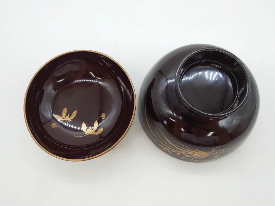 明治～大正期　輪島塗　沈金蒔絵　木製　菊梅菖蒲図　華やかな図柄が魅力の蓋付お椀6客セット(漆器、漆芸、金彩、和食器)(R-077233)