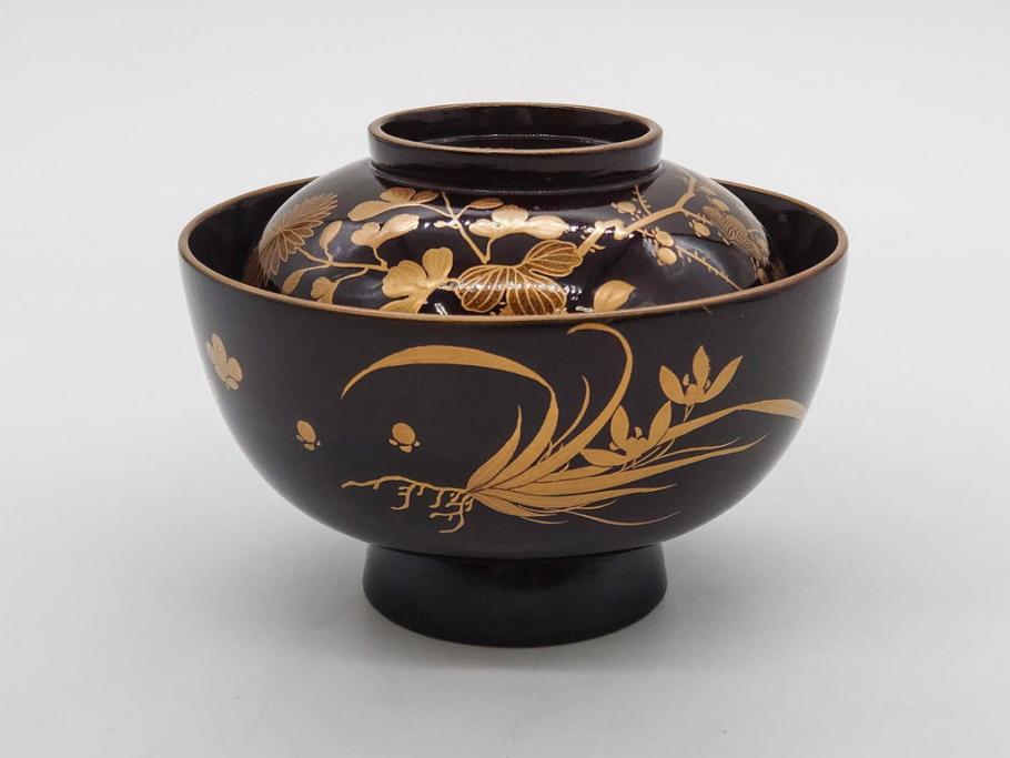 明治～大正期 輪島塗 沈金蒔絵 木製 菊梅菖蒲図 華やかな図柄が