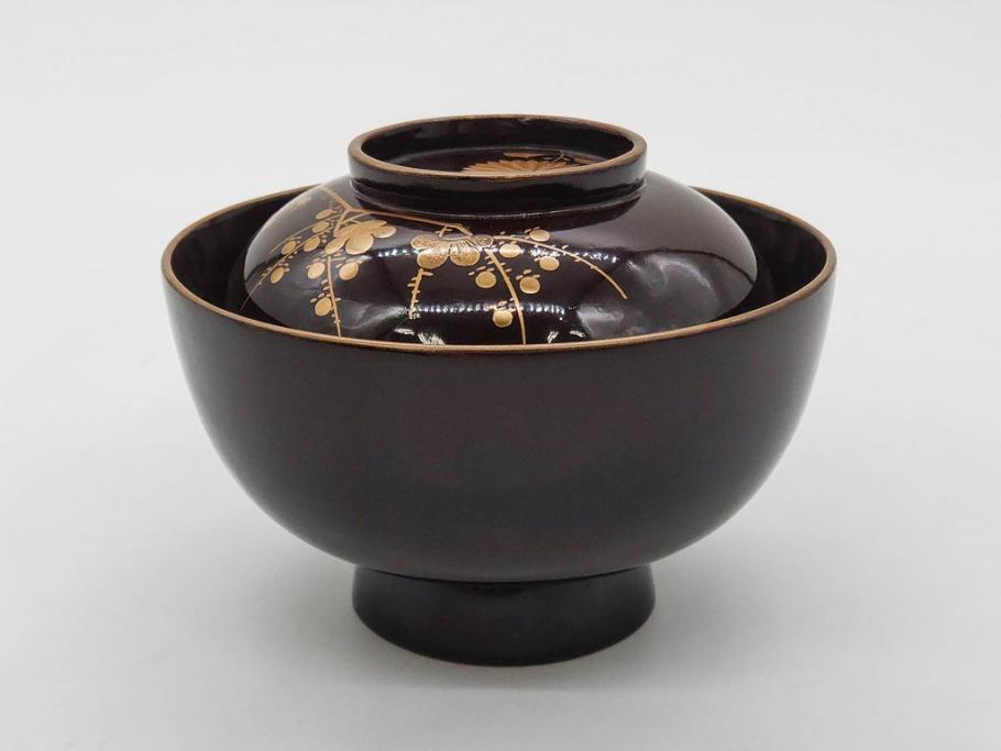 明治～大正期　輪島塗　沈金蒔絵　木製　菊梅菖蒲図　華やかな図柄が魅力の蓋付お椀6客セット(漆器、漆芸、金彩、和食器)(R-077233)
