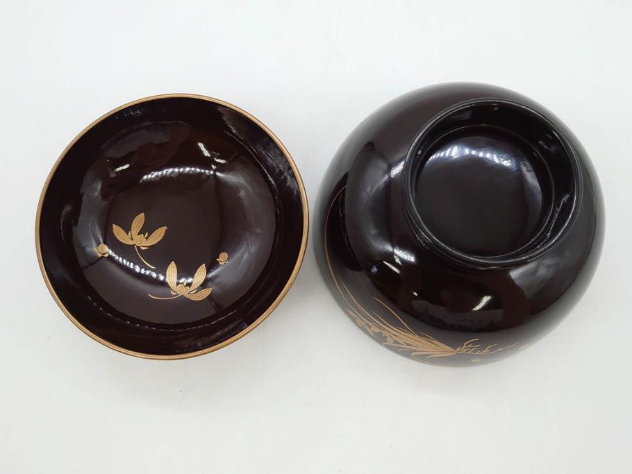 明治～大正期　輪島塗　沈金蒔絵　木製　菊梅菖蒲図　華やかな図柄が魅力の蓋付お椀6客セット(漆器、漆芸、金彩、和食器)(R-077233)