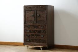 中古　美品!!　高級工芸家具　静岡指物　県知事賞受賞品　前面桑(クワ)材　天板・側面キハダ材　縦型収納箪笥(収納棚、戸棚、サイドチェスト、引き出し、整理箪笥、和タンス、たんす)(R-083920)