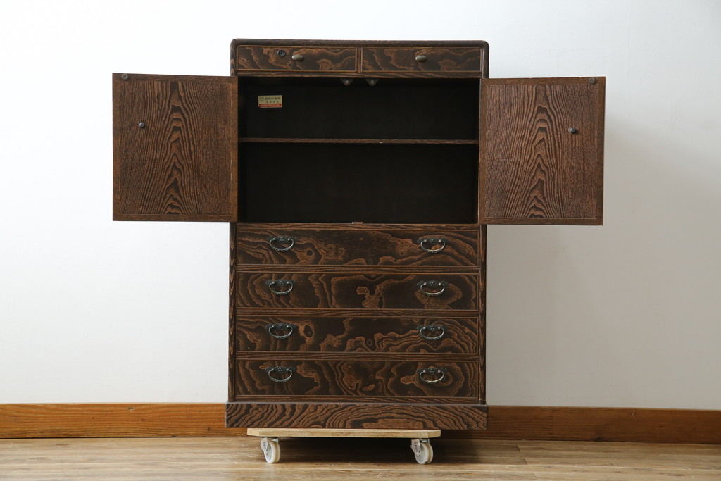 中古　美品!!　高級工芸家具　静岡指物　県知事賞受賞品　前面桑(クワ)材　天板・側面キハダ材　縦型収納箪笥(収納棚、戸棚、サイドチェスト、引き出し、整理箪笥、和タンス、たんす)(R-083920)