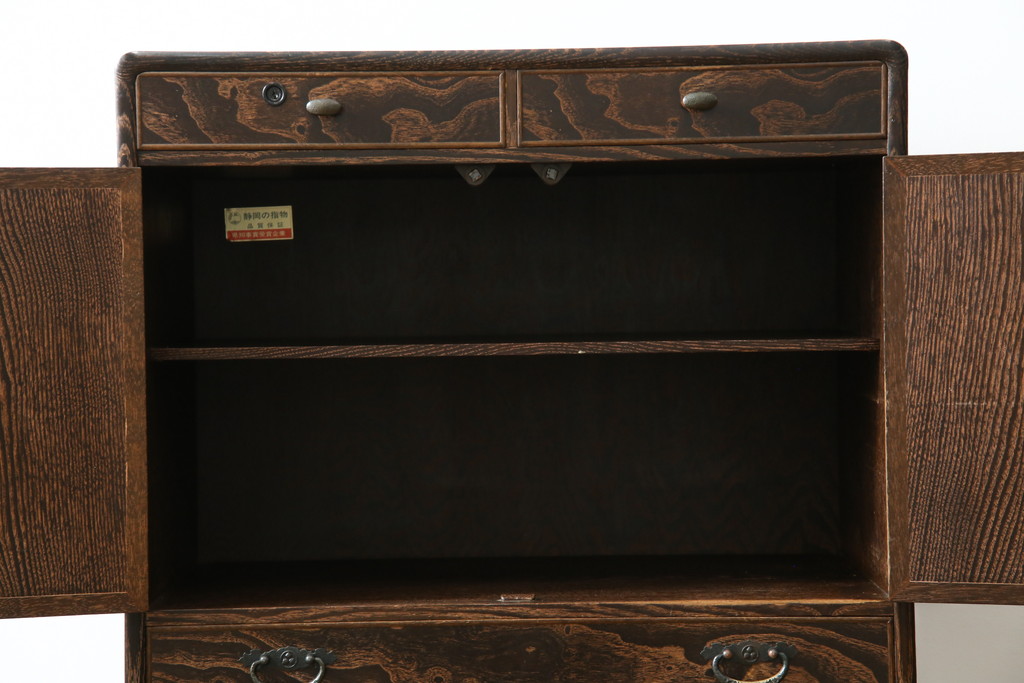 中古　美品!!　高級工芸家具　静岡指物　県知事賞受賞品　前面桑(クワ)材　天板・側面キハダ材　縦型収納箪笥(収納棚、戸棚、サイドチェスト、引き出し、整理箪笥、和タンス、たんす)(R-083920)