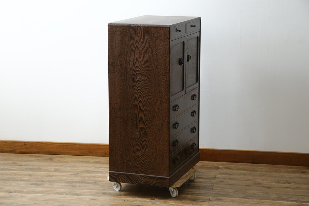 中古　美品!!　高級工芸家具　静岡指物　県知事賞受賞品　前面桑(クワ)材　天板・側面キハダ材　縦型収納箪笥(収納棚、戸棚、サイドチェスト、引き出し、整理箪笥、和タンス、たんす)(R-083920)