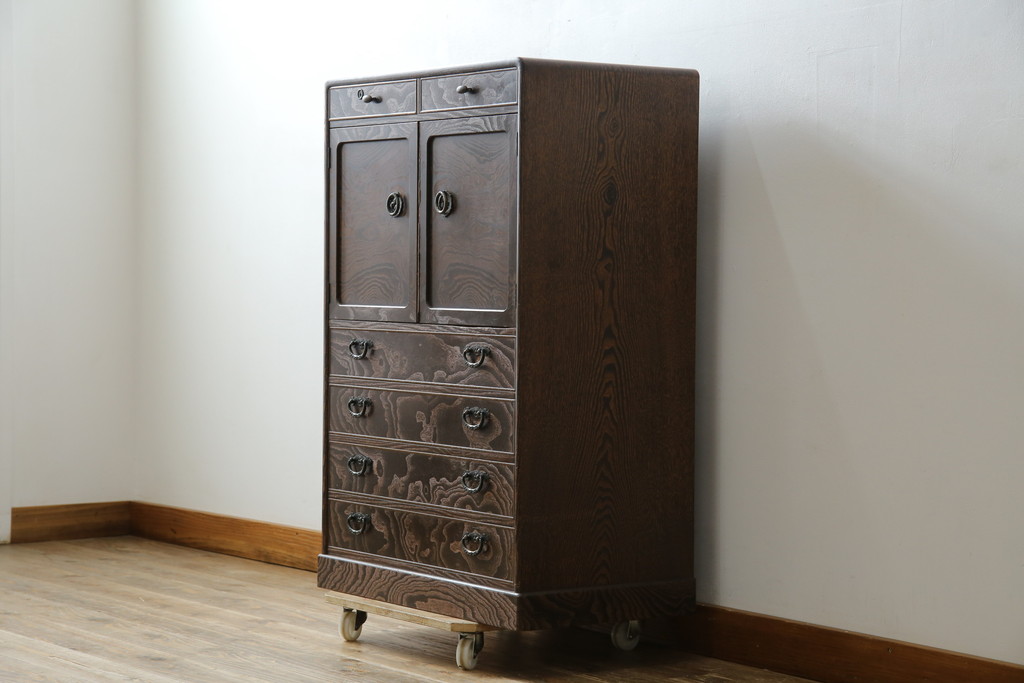 中古　美品!!　高級工芸家具　静岡指物　県知事賞受賞品　前面桑(クワ)材　天板・側面キハダ材　縦型収納箪笥(収納棚、戸棚、サイドチェスト、引き出し、整理箪笥、和タンス、たんす)(R-083920)