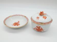 希少　ハンガリー　HEREND HVNGARY ヘレンド　アポニー　オレンジ　テーブルウェアとしてもインテリアとしても使用できる愛らしいデザインのプレート&シュガーポットセット(ポンポン入れ、蓋物、小物入れ、皿、バラ、薔薇、西洋陶磁器)(R-062286)