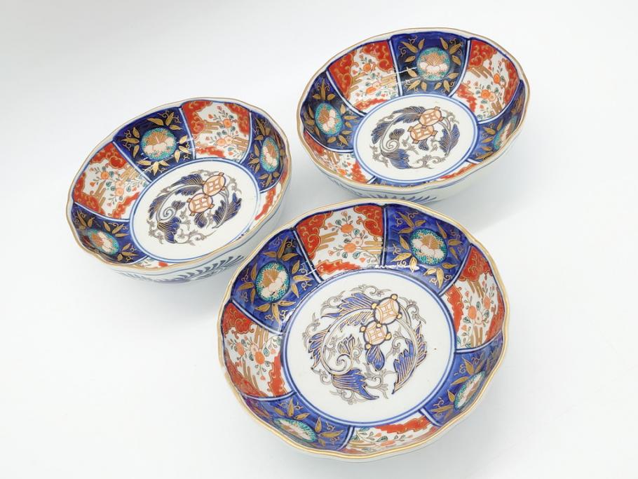 幕末〜明治期　富長貴春(富貴長春)　伊万里　色絵　金彩　5寸皿　約15cm　煌びやかで豪華な絵付けの深皿3客セット(和食器、和皿、変形皿、五寸)(R-062287)