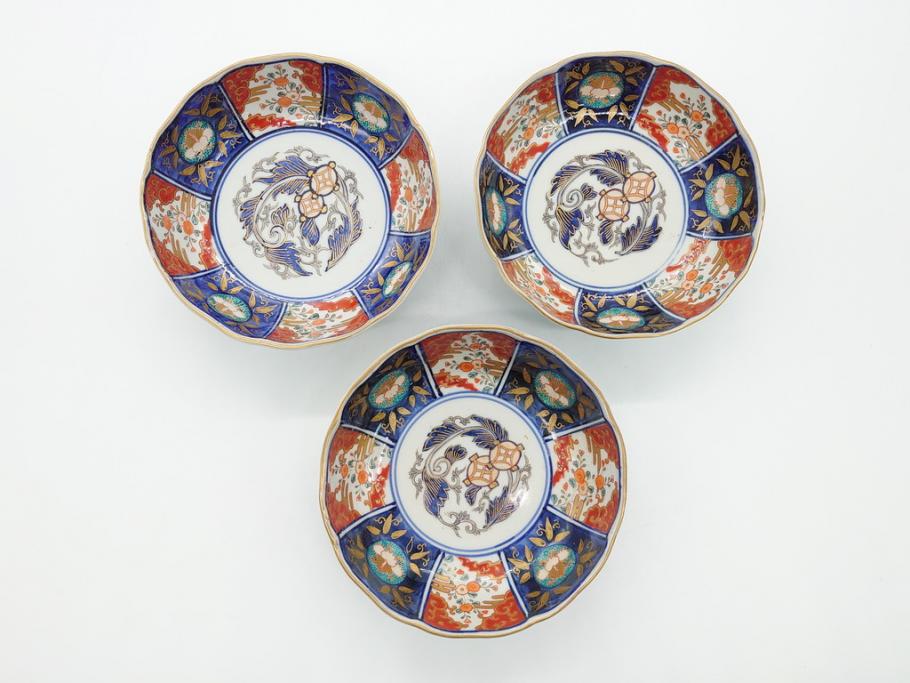 幕末〜明治期　富長貴春(富貴長春)　伊万里　色絵　金彩　5寸皿　約15cm　煌びやかで豪華な絵付けの深皿3客セット(和食器、和皿、変形皿、五寸)(R-062287)