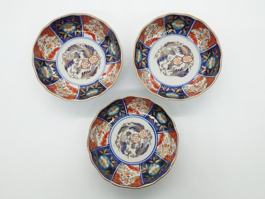 幕末〜明治期　富長貴春(富貴長春)　伊万里　色絵　金彩　5寸皿　約15cm　煌びやかで豪華な絵付けの深皿3客セット(和食器、和皿、変形皿、五寸)(R-062288)