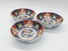 幕末〜明治期　富長貴春(富貴長春)　伊万里　色絵　金彩　5寸皿　約15cm　煌びやかで豪華な絵付けの深皿3客セット(和食器、和皿、変形皿、五寸)(R-062289)