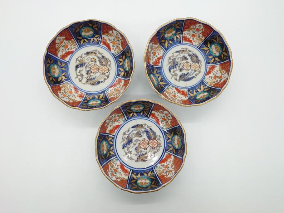 幕末〜明治期　富長貴春(富貴長春)　伊万里　色絵　金彩　5寸皿　約15cm　煌びやかで豪華な絵付けの深皿3客セット(和食器、和皿、変形皿、五寸)(R-062289)