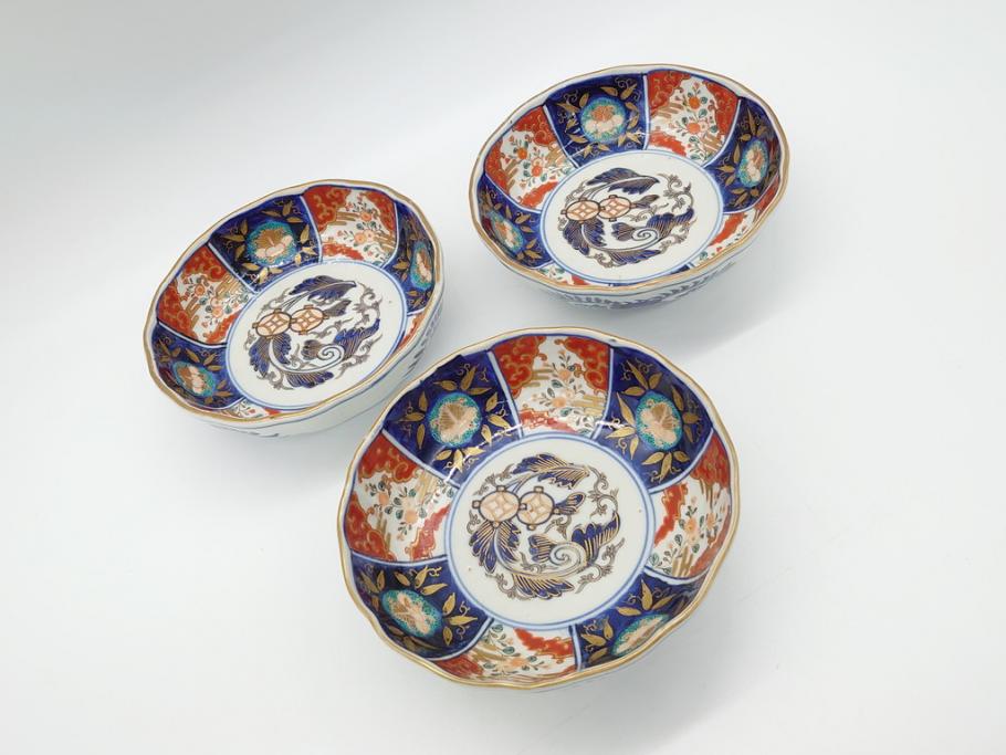 幕末〜明治期　富長貴春(富貴長春)　伊万里　色絵　金彩　5寸皿　約15cm　煌びやかで豪華な絵付けの深皿3客セット(和食器、和皿、変形皿、五寸)(R-062290)