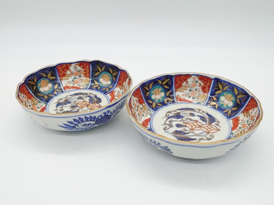 幕末〜明治期　富長貴春(富貴長春)　伊万里　色絵　金彩　5寸皿　約15cm　煌びやかで豪華な絵付けの深皿2客セット(和食器、和皿、変形皿、五寸)(R-062297)