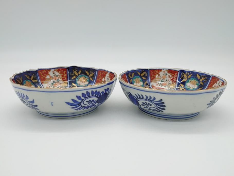 幕末〜明治期　富長貴春(富貴長春)　伊万里　色絵　金彩　5寸皿　約15cm　煌びやかで豪華な絵付けの深皿2客セット(和食器、和皿、変形皿、五寸)(R-062297)