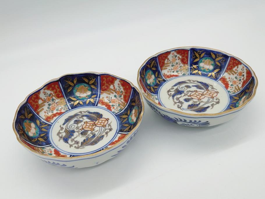 幕末〜明治期　富長貴春(富貴長春)　伊万里　色絵　金彩　5寸皿　約15cm　煌びやかで豪華な絵付けの深皿2客セット(和食器、和皿、変形皿、五寸)(R-062297)