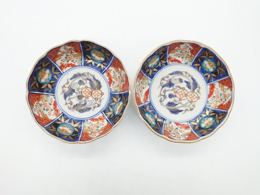 幕末〜明治期　富長貴春(富貴長春)　伊万里　色絵　金彩　5寸皿　約15cm　煌びやかで豪華な絵付けの深皿2客セット(和食器、和皿、変形皿、五寸)(R-062297)