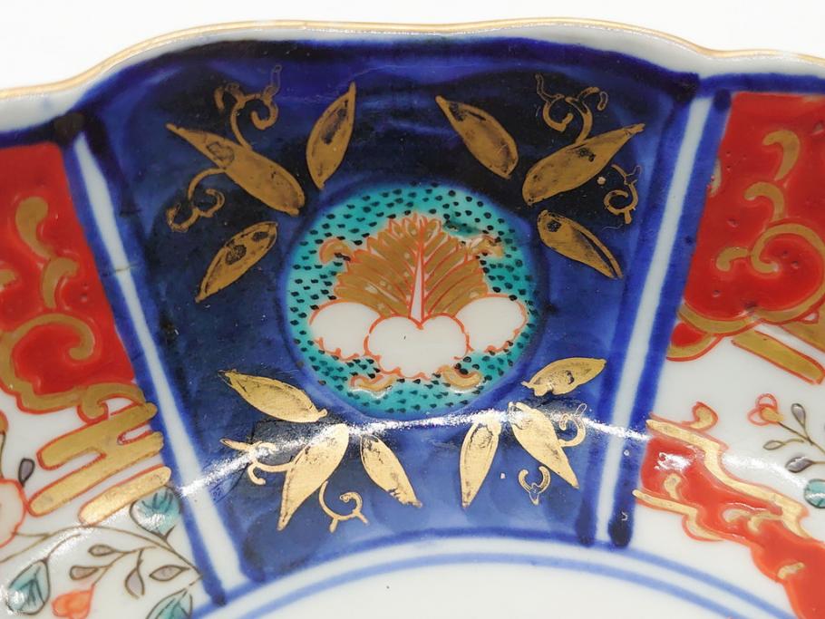 幕末〜明治期　富長貴春(富貴長春)　伊万里　色絵　金彩　5寸皿　約15cm　煌びやかで豪華な絵付けの深皿2客セット(和食器、和皿、変形皿、五寸)(R-062297)