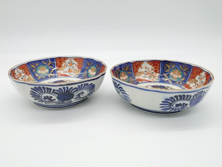 幕末〜明治期　富長貴春(富貴長春)　伊万里　色絵　金彩　5寸皿　約15cm　煌びやかで豪華な絵付けの深皿2客セット(和食器、和皿、変形皿、五寸)(R-062298)