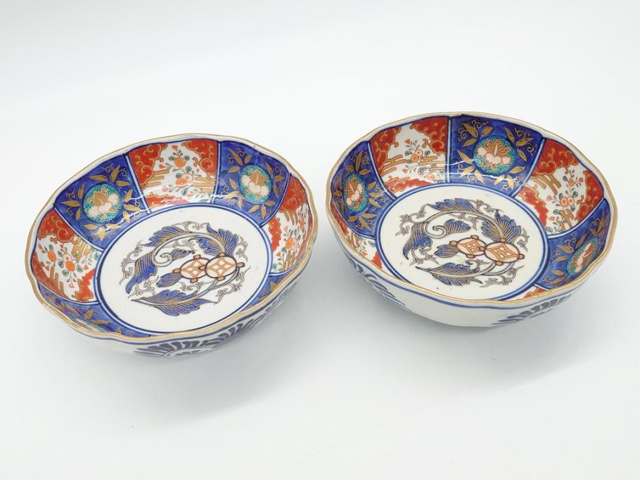 幕末〜明治期　富長貴春(富貴長春)　伊万里　色絵　金彩　5寸皿　約15cm　煌びやかで豪華な絵付けの深皿2客セット(和食器、和皿、変形皿、五寸)(R-062298)