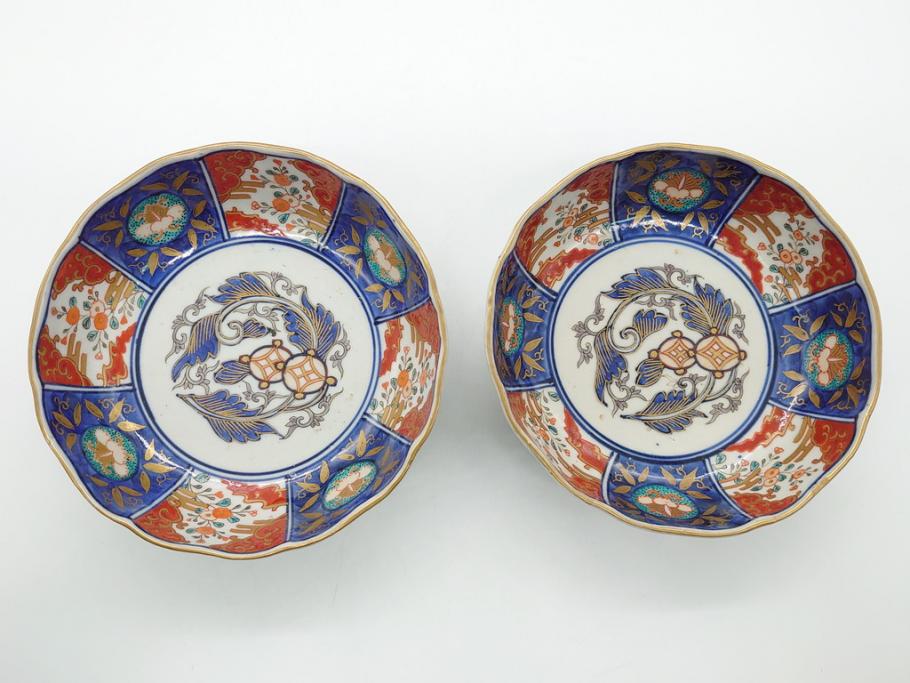 954 古伊万里色絵蟹図中皿5枚 無傷 幕末明治 （旬、希少性）