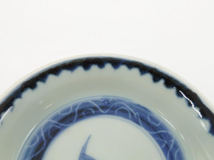 江戸期　古伊万里　染付　鶴文　4.3寸皿　約13cm　清楚な絵付けで食卓に馴染みやすい小皿5客セット(四寸三分、和食器、和皿)(R-062292)