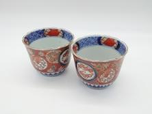 明治期　伊万里焼　色絵　多種多様な絵付けが目を引く湯呑み2客セット(蕎麦猪口、松竹、紅葉、龍、鳳凰、和食器)(R-062294)