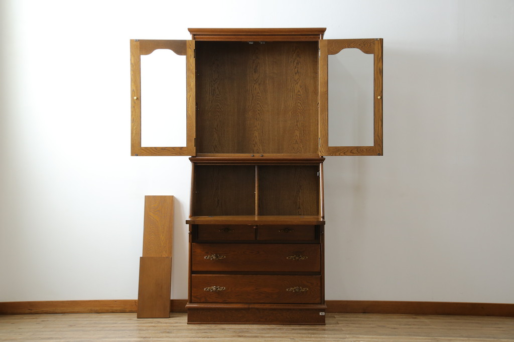 中古　美品!!　北海道旭川 近藤工芸　Solid Furniture OAK (ソリッドファニチャー オーク)　オーク材　クラシカルで上品な佇まいのビューローブックケース(ライティングビューロー、簿記机、本箱、本棚、飾り棚、収納棚、戸棚、ワークデスク、在宅用、在宅ワーク用)(R-082612)