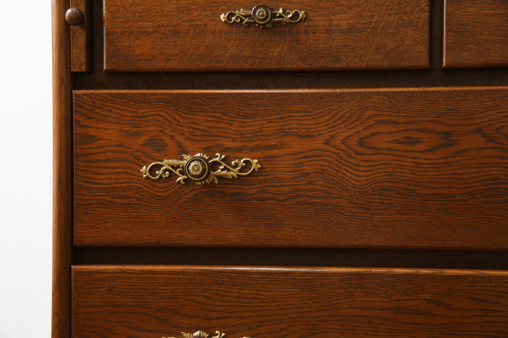 中古　美品!!　北海道旭川 近藤工芸　Solid Furniture OAK (ソリッドファニチャー オーク)　オーク材　クラシカルで上品な佇まいのビューローブックケース(ライティングビューロー、簿記机、本箱、本棚、飾り棚、収納棚、戸棚、ワークデスク、在宅用、在宅ワーク用)(R-082612)