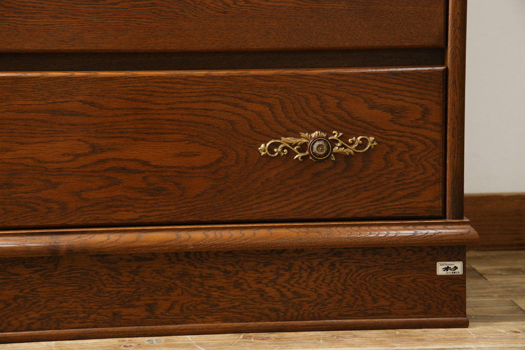 中古　美品!!　北海道旭川 近藤工芸　Solid Furniture OAK (ソリッドファニチャー オーク)　オーク材　クラシカルで上品な佇まいのビューローブックケース(ライティングビューロー、簿記机、本箱、本棚、飾り棚、収納棚、戸棚、ワークデスク、在宅用、在宅ワーク用)(R-082612)